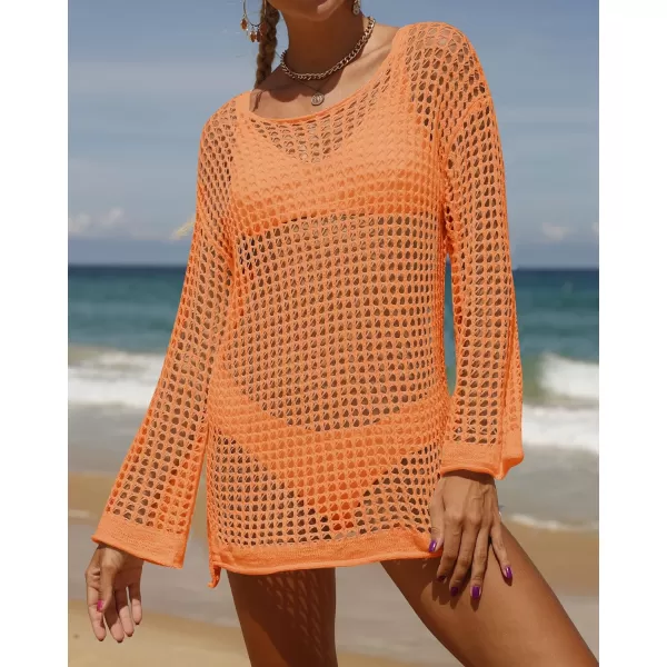imageZESICA Womens 2023 Summer Crochet Hollow Out Long Sleeve Beach Bikini Swimsuit Mesh Cover Up Tunic TopOrange
