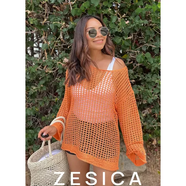 imageZESICA Womens 2023 Summer Crochet Hollow Out Long Sleeve Beach Bikini Swimsuit Mesh Cover Up Tunic TopOrange