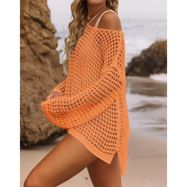 imageZESICA Womens 2023 Summer Crochet Hollow Out Long Sleeve Beach Bikini Swimsuit Mesh Cover Up Tunic TopOrange