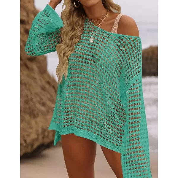 imageZESICA Womens 2023 Summer Crochet Hollow Out Long Sleeve Beach Bikini Swimsuit Mesh Cover Up Tunic TopPeacock