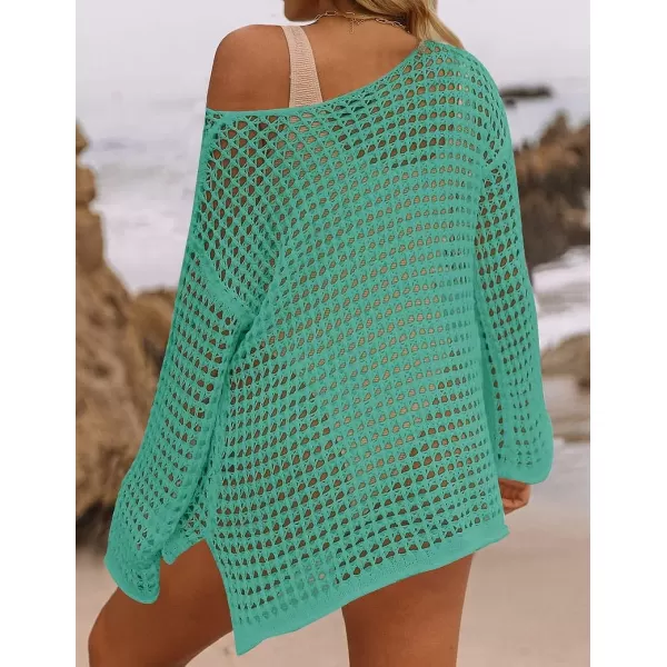 imageZESICA Womens 2023 Summer Crochet Hollow Out Long Sleeve Beach Bikini Swimsuit Mesh Cover Up Tunic TopPeacock
