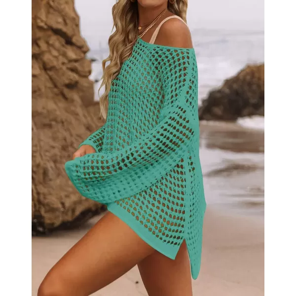 imageZESICA Womens 2023 Summer Crochet Hollow Out Long Sleeve Beach Bikini Swimsuit Mesh Cover Up Tunic TopPeacock