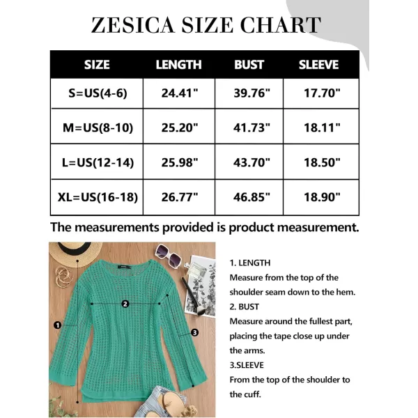 imageZESICA Womens 2023 Summer Crochet Hollow Out Long Sleeve Beach Bikini Swimsuit Mesh Cover Up Tunic TopPeacock