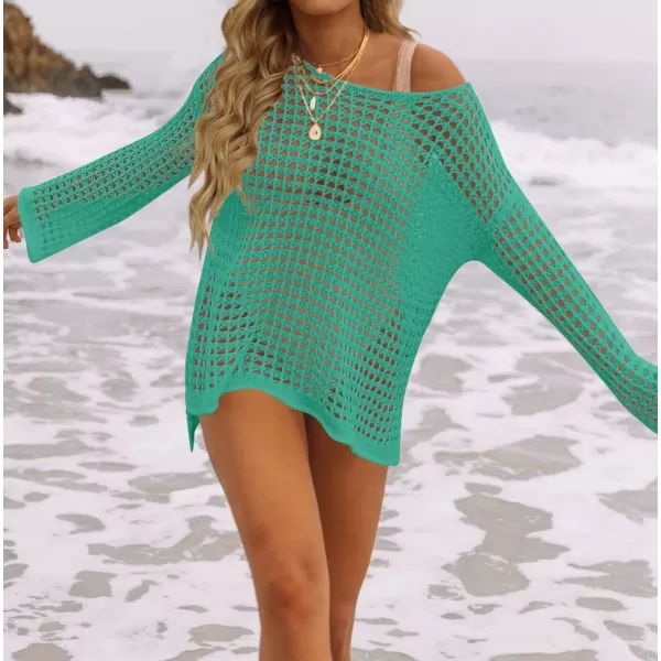 imageZESICA Womens 2023 Summer Crochet Hollow Out Long Sleeve Beach Bikini Swimsuit Mesh Cover Up Tunic TopPeacock