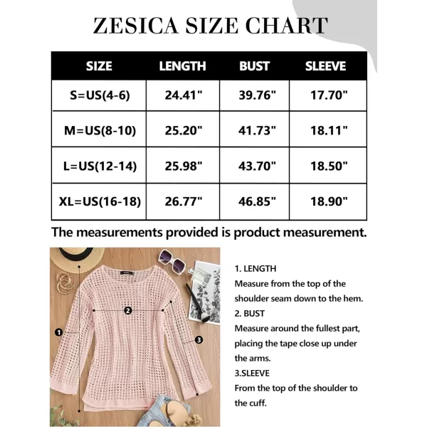 imageZESICA Womens 2023 Summer Crochet Hollow Out Long Sleeve Beach Bikini Swimsuit Mesh Cover Up Tunic TopPink