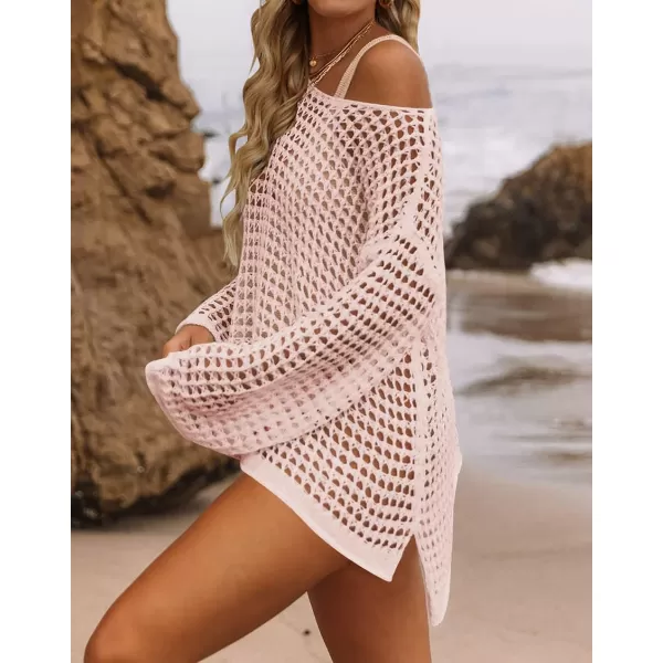 imageZESICA Womens 2023 Summer Crochet Hollow Out Long Sleeve Beach Bikini Swimsuit Mesh Cover Up Tunic TopPink