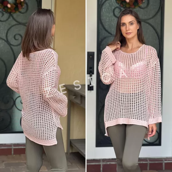 imageZESICA Womens 2023 Summer Crochet Hollow Out Long Sleeve Beach Bikini Swimsuit Mesh Cover Up Tunic TopPink