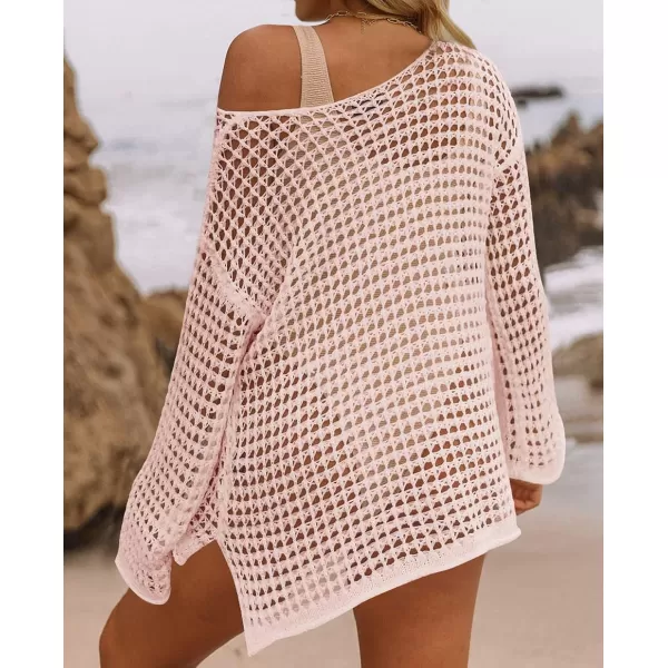 imageZESICA Womens 2023 Summer Crochet Hollow Out Long Sleeve Beach Bikini Swimsuit Mesh Cover Up Tunic TopPink