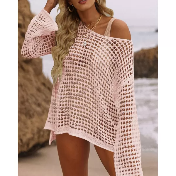 imageZESICA Womens 2023 Summer Crochet Hollow Out Long Sleeve Beach Bikini Swimsuit Mesh Cover Up Tunic TopPink