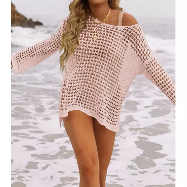 imageZESICA Womens 2023 Summer Crochet Hollow Out Long Sleeve Beach Bikini Swimsuit Mesh Cover Up Tunic TopPink