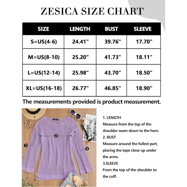 imageZESICA Womens 2023 Summer Crochet Hollow Out Long Sleeve Beach Bikini Swimsuit Mesh Cover Up Tunic TopPurple