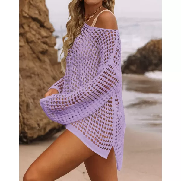 imageZESICA Womens 2023 Summer Crochet Hollow Out Long Sleeve Beach Bikini Swimsuit Mesh Cover Up Tunic TopPurple