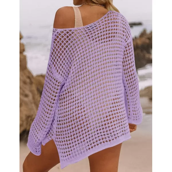 imageZESICA Womens 2023 Summer Crochet Hollow Out Long Sleeve Beach Bikini Swimsuit Mesh Cover Up Tunic TopPurple