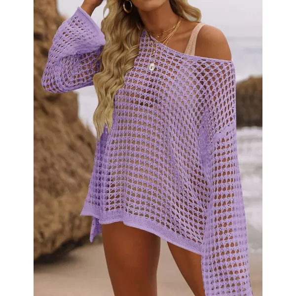 imageZESICA Womens 2023 Summer Crochet Hollow Out Long Sleeve Beach Bikini Swimsuit Mesh Cover Up Tunic TopPurple