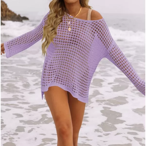 imageZESICA Womens 2023 Summer Crochet Hollow Out Long Sleeve Beach Bikini Swimsuit Mesh Cover Up Tunic TopPurple