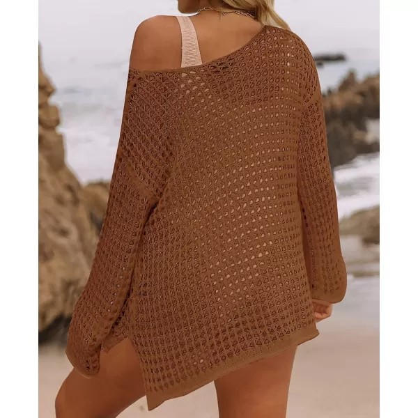 imageZESICA Womens 2023 Summer Crochet Hollow Out Long Sleeve Beach Bikini Swimsuit Mesh Cover Up Tunic TopRedbrown