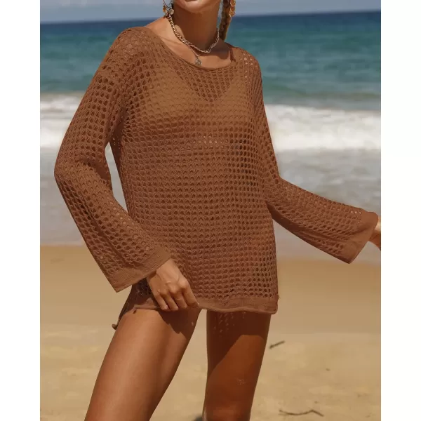 imageZESICA Womens 2023 Summer Crochet Hollow Out Long Sleeve Beach Bikini Swimsuit Mesh Cover Up Tunic TopRedbrown