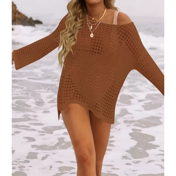 imageZESICA Womens 2023 Summer Crochet Hollow Out Long Sleeve Beach Bikini Swimsuit Mesh Cover Up Tunic TopRedbrown