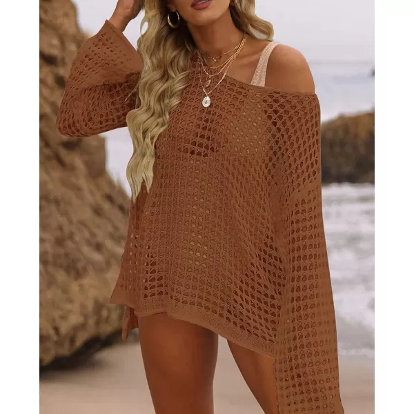 imageZESICA Womens 2023 Summer Crochet Hollow Out Long Sleeve Beach Bikini Swimsuit Mesh Cover Up Tunic TopRedbrown