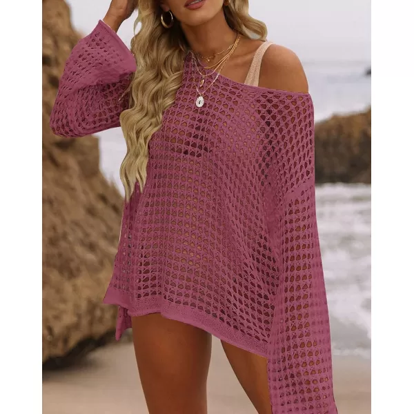 imageZESICA Womens 2023 Summer Crochet Hollow Out Long Sleeve Beach Bikini Swimsuit Mesh Cover Up Tunic TopRose