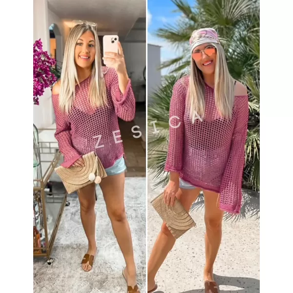 imageZESICA Womens 2023 Summer Crochet Hollow Out Long Sleeve Beach Bikini Swimsuit Mesh Cover Up Tunic TopRose