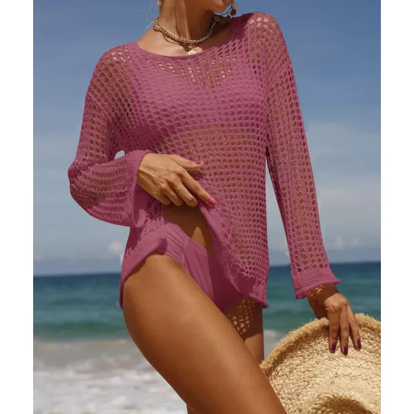 imageZESICA Womens 2023 Summer Crochet Hollow Out Long Sleeve Beach Bikini Swimsuit Mesh Cover Up Tunic TopRose