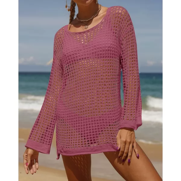 imageZESICA Womens 2023 Summer Crochet Hollow Out Long Sleeve Beach Bikini Swimsuit Mesh Cover Up Tunic TopRose