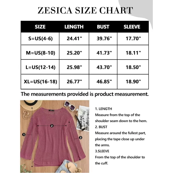 imageZESICA Womens 2023 Summer Crochet Hollow Out Long Sleeve Beach Bikini Swimsuit Mesh Cover Up Tunic TopRose
