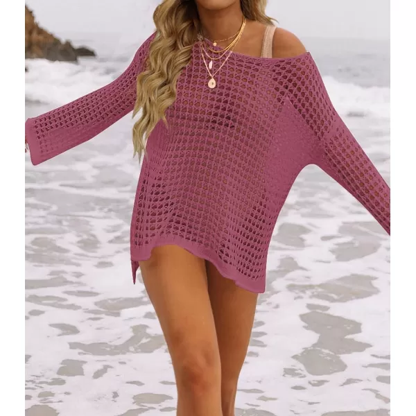 imageZESICA Womens 2023 Summer Crochet Hollow Out Long Sleeve Beach Bikini Swimsuit Mesh Cover Up Tunic TopRose