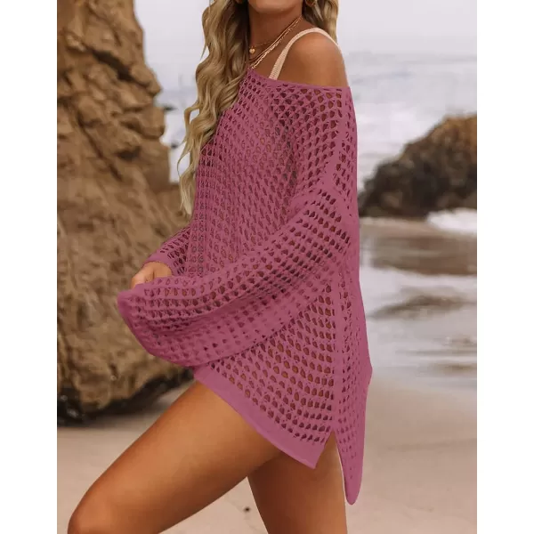 imageZESICA Womens 2023 Summer Crochet Hollow Out Long Sleeve Beach Bikini Swimsuit Mesh Cover Up Tunic TopRose