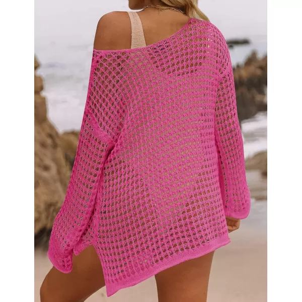 imageZESICA Womens 2023 Summer Crochet Hollow Out Long Sleeve Beach Bikini Swimsuit Mesh Cover Up Tunic TopRosepink