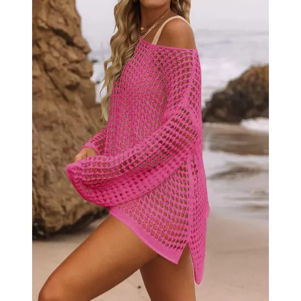 imageZESICA Womens 2023 Summer Crochet Hollow Out Long Sleeve Beach Bikini Swimsuit Mesh Cover Up Tunic TopRosepink