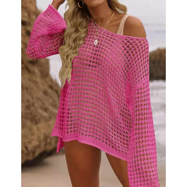 imageZESICA Womens 2023 Summer Crochet Hollow Out Long Sleeve Beach Bikini Swimsuit Mesh Cover Up Tunic TopRosepink