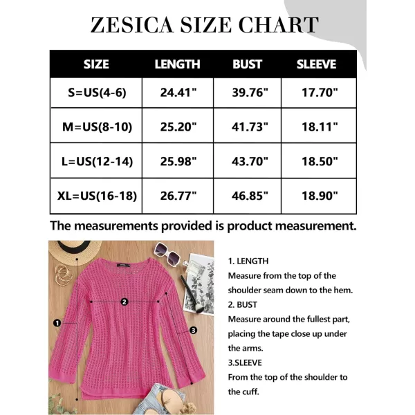 imageZESICA Womens 2023 Summer Crochet Hollow Out Long Sleeve Beach Bikini Swimsuit Mesh Cover Up Tunic TopRosepink