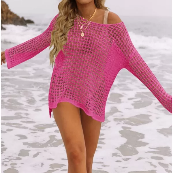 imageZESICA Womens 2023 Summer Crochet Hollow Out Long Sleeve Beach Bikini Swimsuit Mesh Cover Up Tunic TopRosepink