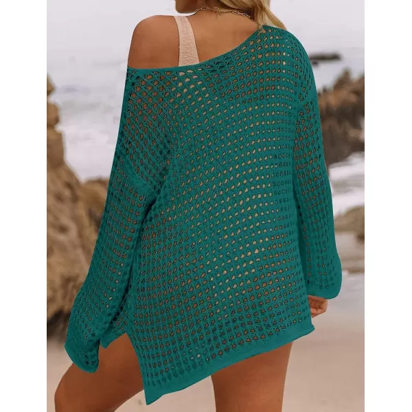 imageZESICA Womens 2023 Summer Crochet Hollow Out Long Sleeve Beach Bikini Swimsuit Mesh Cover Up Tunic TopTeal