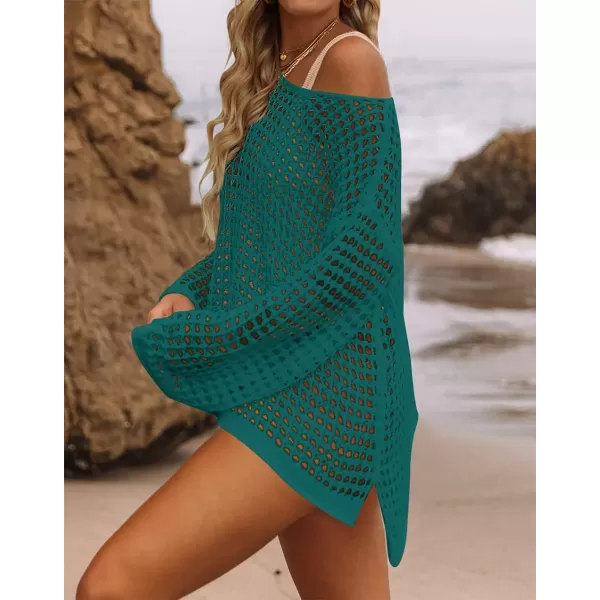 imageZESICA Womens 2023 Summer Crochet Hollow Out Long Sleeve Beach Bikini Swimsuit Mesh Cover Up Tunic TopTeal