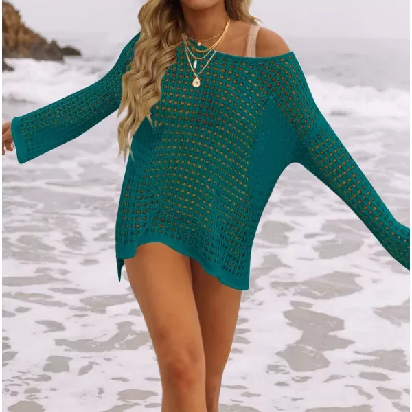 imageZESICA Womens 2023 Summer Crochet Hollow Out Long Sleeve Beach Bikini Swimsuit Mesh Cover Up Tunic TopTeal