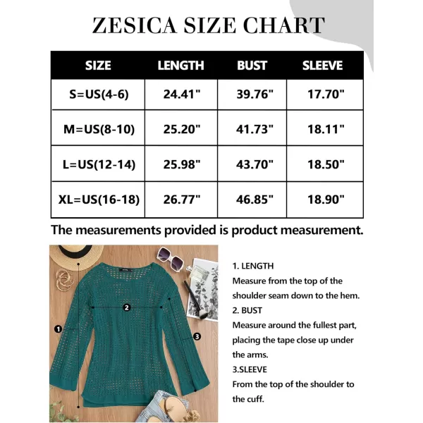 imageZESICA Womens 2023 Summer Crochet Hollow Out Long Sleeve Beach Bikini Swimsuit Mesh Cover Up Tunic TopTeal