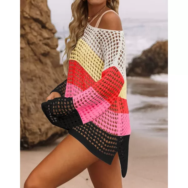 imageZESICA Womens 2023 Summer Crochet Hollow Out Long Sleeve Beach Bikini Swimsuit Mesh Cover Up Tunic TopWatermelon