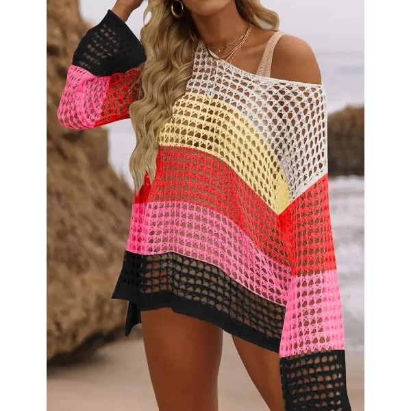 imageZESICA Womens 2023 Summer Crochet Hollow Out Long Sleeve Beach Bikini Swimsuit Mesh Cover Up Tunic TopWatermelon