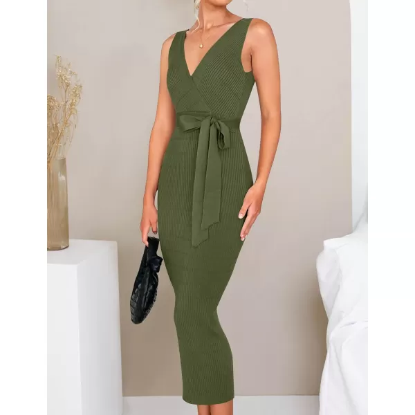 imageZESICA Womens 2023 Summer Knitted Bodycon Midi Dress Elegant Wrap V Neck Sleeveless Tie Waist Sweater DressesArmygreen