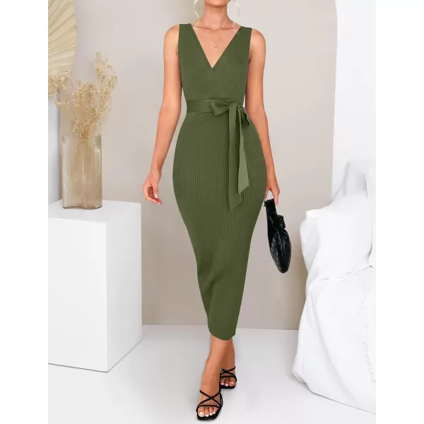 imageZESICA Womens 2023 Summer Knitted Bodycon Midi Dress Elegant Wrap V Neck Sleeveless Tie Waist Sweater DressesArmygreen