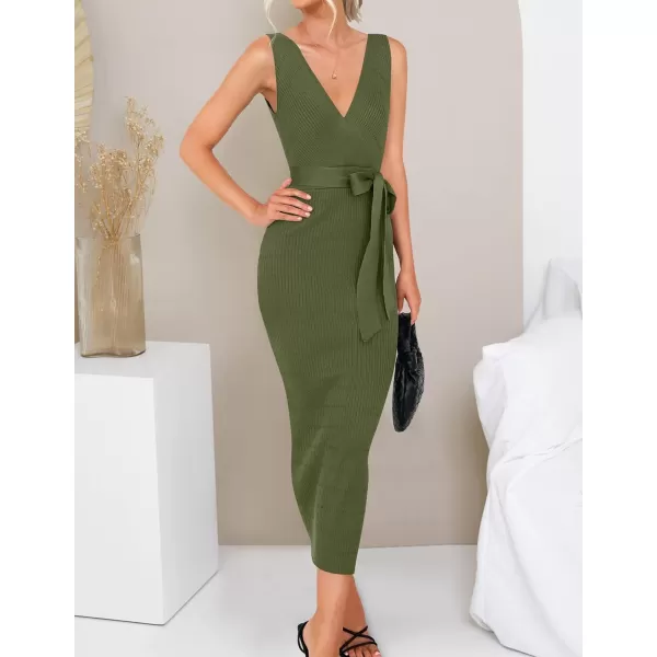 imageZESICA Womens 2023 Summer Knitted Bodycon Midi Dress Elegant Wrap V Neck Sleeveless Tie Waist Sweater DressesArmygreen