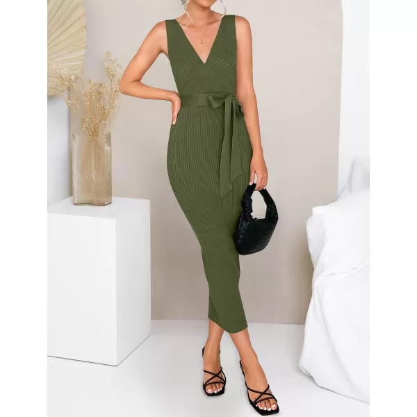 imageZESICA Womens 2023 Summer Knitted Bodycon Midi Dress Elegant Wrap V Neck Sleeveless Tie Waist Sweater DressesArmygreen