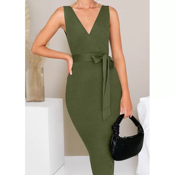 imageZESICA Womens 2023 Summer Knitted Bodycon Midi Dress Elegant Wrap V Neck Sleeveless Tie Waist Sweater DressesArmygreen