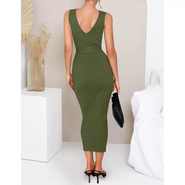 imageZESICA Womens 2023 Summer Knitted Bodycon Midi Dress Elegant Wrap V Neck Sleeveless Tie Waist Sweater DressesArmygreen