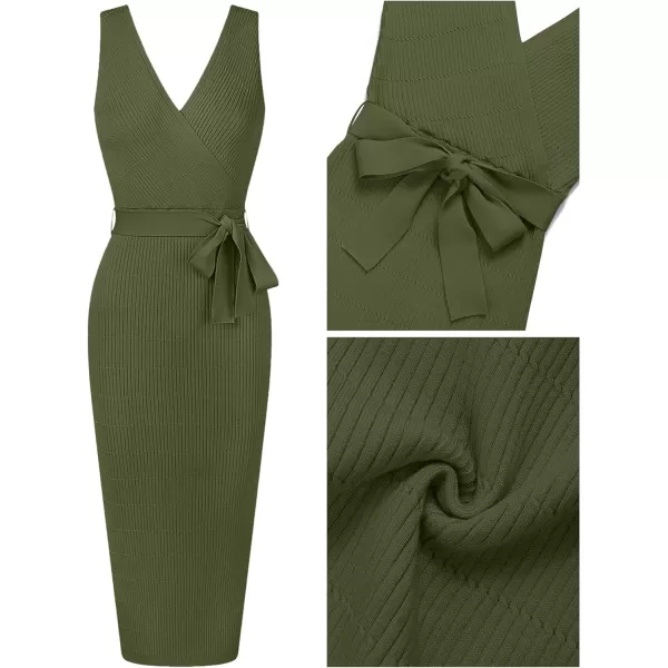 imageZESICA Womens 2023 Summer Knitted Bodycon Midi Dress Elegant Wrap V Neck Sleeveless Tie Waist Sweater DressesArmygreen