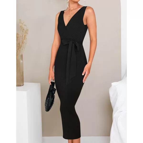 imageZESICA Womens 2023 Summer Knitted Bodycon Midi Dress Elegant Wrap V Neck Sleeveless Tie Waist Sweater DressesBlack