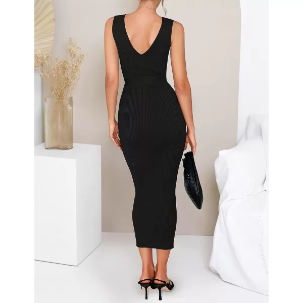 imageZESICA Womens 2023 Summer Knitted Bodycon Midi Dress Elegant Wrap V Neck Sleeveless Tie Waist Sweater DressesBlack